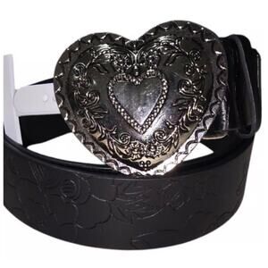 True Religion Floral Embossed Black Belt with Silver Heart Buckle Size S/M